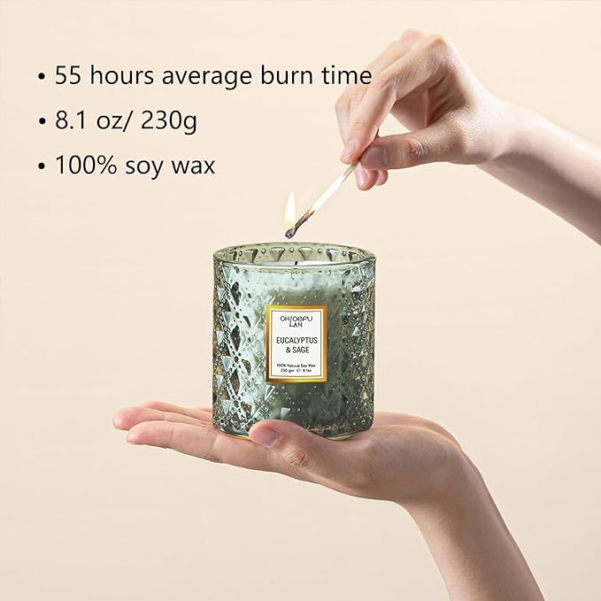 Eucalyptus & Sage Scented Candles Luxury Candle with up to 55 Hour Long Lasting, Highly Scented, 100% Soy Wax, 8.1oz, Beautiful Candles, Ideal for Home Decor and Gifts