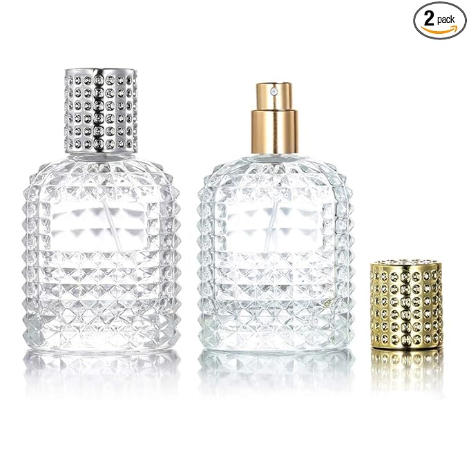 2 Pack 50ml Thick Clear Glass Fine Mist Spray Scent Aftershave Luxury Perfume Bottles Empty Atomizer Spray Bottle with 4 kinds of perfume dispenser (Silver cap and Gold cap)