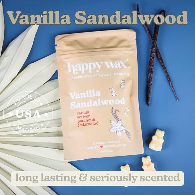 Happy Wax Vanilla Sandalwood Scented Bear Wax Melts - Natural Strong - Infused with Essential Oils - Non Toxic - For Warmers (8 oz Pouch)