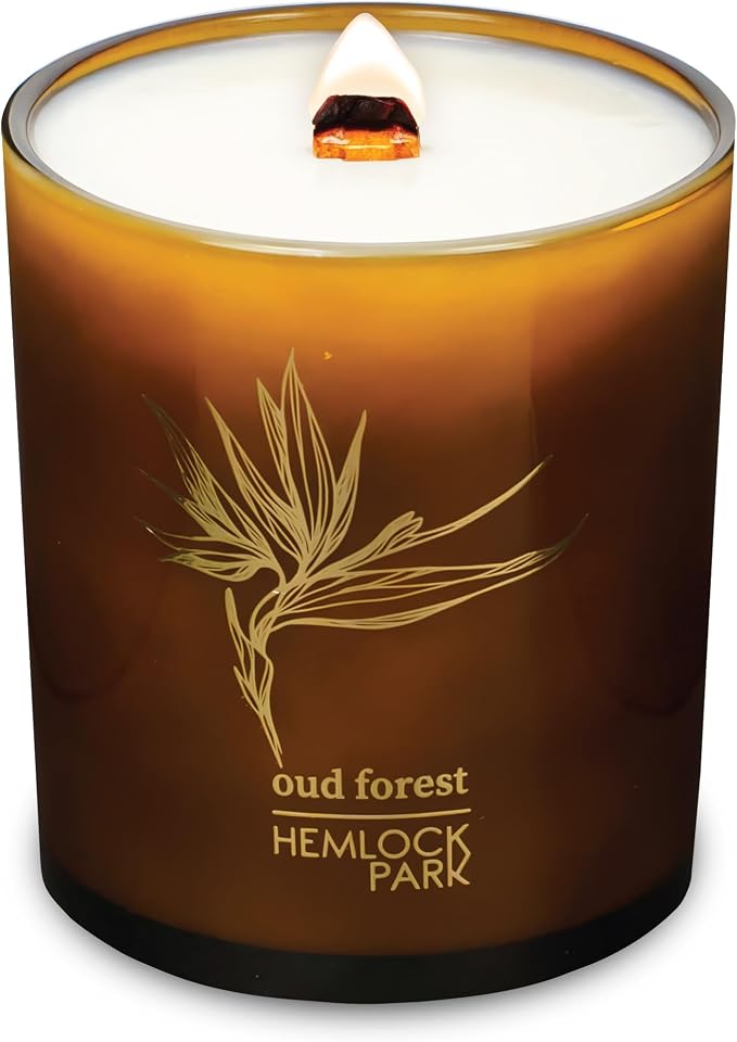 Hemlock Park Oud Forest Amber & Gold Scented Candle | Crackling Wood Wick, Botanical Fragrance & Coconut Apricot Wax | Up to 70 Hour Burn Time | 14 oz | Made in USA