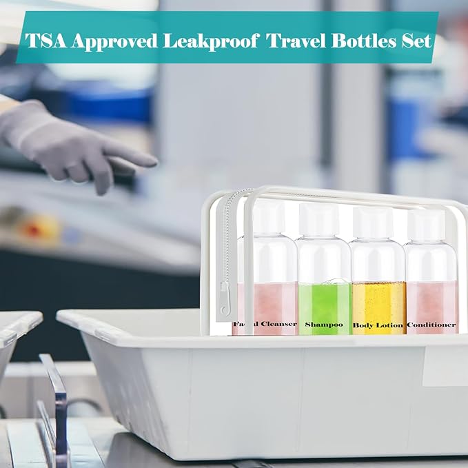 Toiletry Travel Bottles for Men Women, 3.4oz/100ml Refillable Plastic Containers with TSA Approved Toiletry Bag - Clear Cosmetic Kit for Shampoo, Conditioner, Lotion and Travel Essential(4Pack, Black)