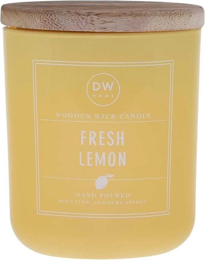 DW Home Fresh Lemon Wooden Wick Candle – Bright Citrus Lemon Scent with Tart Citrus Peel, 12 oz Crackling Wood Wick Jar Candle, Long Burning Home Fragrance Candle