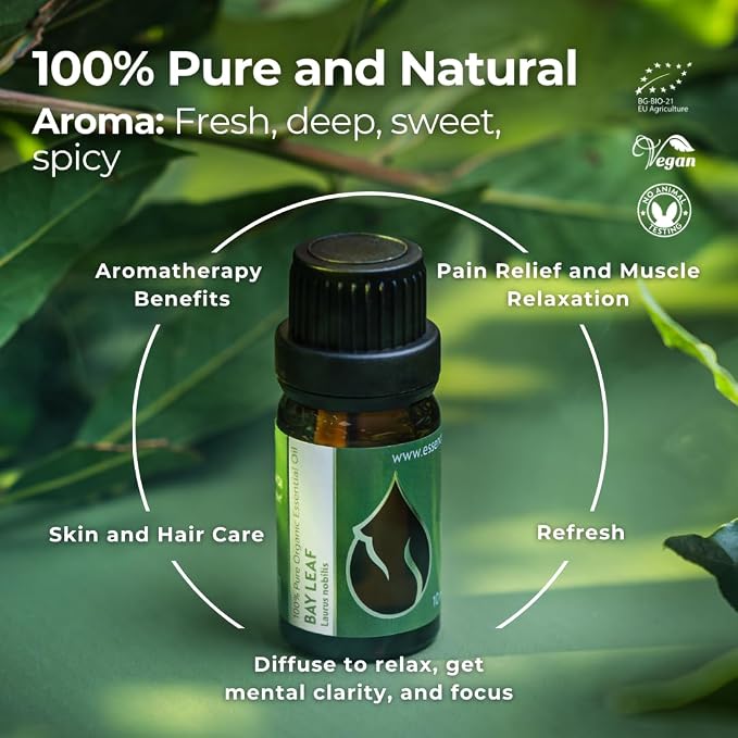 Essences Bulgaria Organic Bay Leaf Essential Oil 1/3 Fl Oz | 10ml | Laurus nobilis | 100% Pure and Natural | Undiluted | Therapeutic Grade | Family Owned Farm | Steam-Distilled | Non-GMO | Vegan