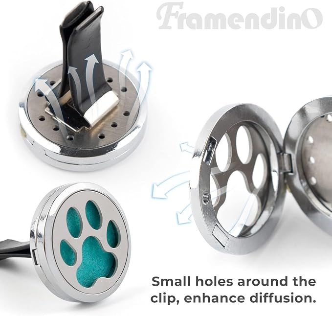 Framendino, 2 Pack Dog Paw Print Locket for Essential Oil Diffuser with 20 Felt Refill Pads