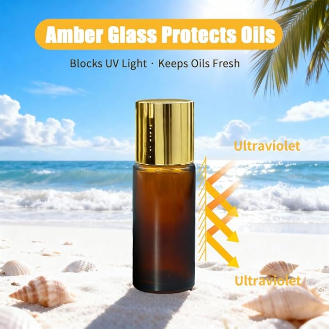 Amethyst Roller Bottles for Essential Oils, 50ml Refillable Amber Glass Roll On Bottles with Natural Crystal Roller Balls, Leak-Proof Travel Perfume Bottle with Gold Caps