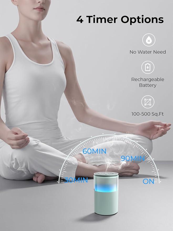 Waterless Essential Oil Diffuser: 𝟗 𝐂𝐨𝐥𝐨𝐫𝐬 𝐋𝐄𝐃 Scent Diffuser for Home&Car&Office - Portable Diffuser with 48H Battery, 4 Timers & 3 Mist Levels, Light Green