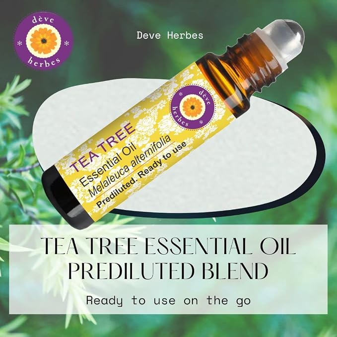 dève herbes Tea Tree Essential Oil (Melaleuca altenifolia) Pre Diluted Ready to Use Roll-on Blend for Aroma and Topical Skin Application for Kids and Adults 10ml (0.33 oz)