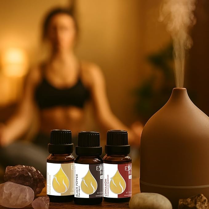 Set Inner Balance Organic Essential Oils |1.18 Fl Oz | Cinnamon (15ml) + Black Pepper (15ml)+ Palo Santo (5ml) | 100% Pure and Natural | Undiluted | Therapeutic Grade | Non-GMO | 3 pcs