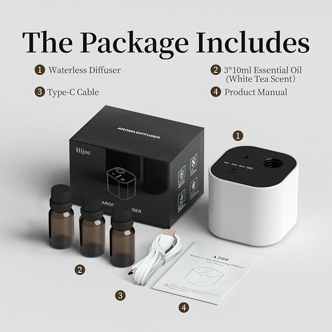 Waterless Essential Oil Diffuser Scent Diffuser with Battery Operated,Cycle Star,3 Mist Modes,Cordless Diffusers for 400 sq.ft Home Bedroom Office Desk,Includes 30ml Oil,White