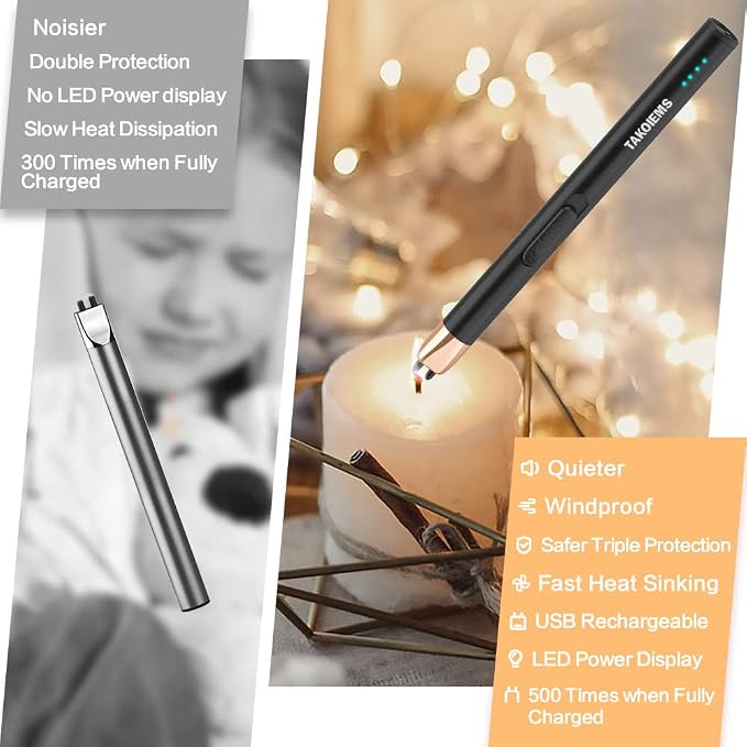 Candle Lighter, Electric USB Lighter with Upgraded LED Display Safety Switch, Rechargeable Flameless Windproof, Black