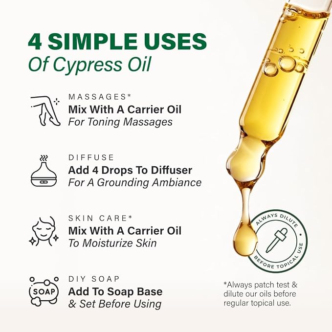 100% Pure Cypress Oil - 4 Fl Oz Cypress Essential Oil for Hair, Skin, Diffuser, Aromatherapy & DIY Soap Making Scent