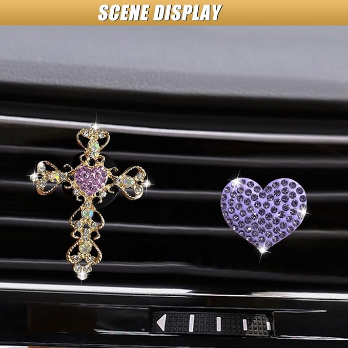 2PCS Bling Cross & Heart Car Dashboard Air Vent Trim Clip, Sparkly Rhinestone Car Air Vent Clips, Diamond Auto Diffuser Charm Clip, Auto Interior Decoration Accessory for Women Girls (Purple)