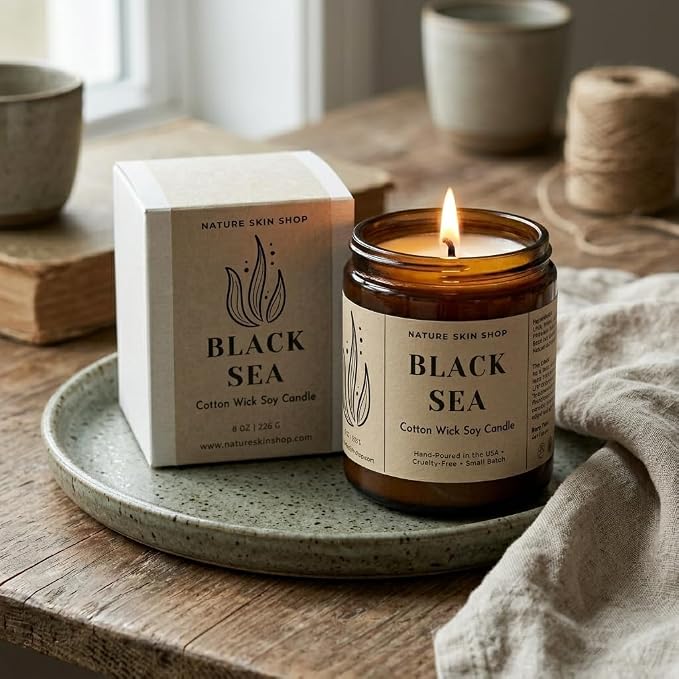 Nature Skin Shop Black Sea Artisan Soy Candle Marine Aromatherapy Home Fragrance Vegan Cotton Wick 8 oz