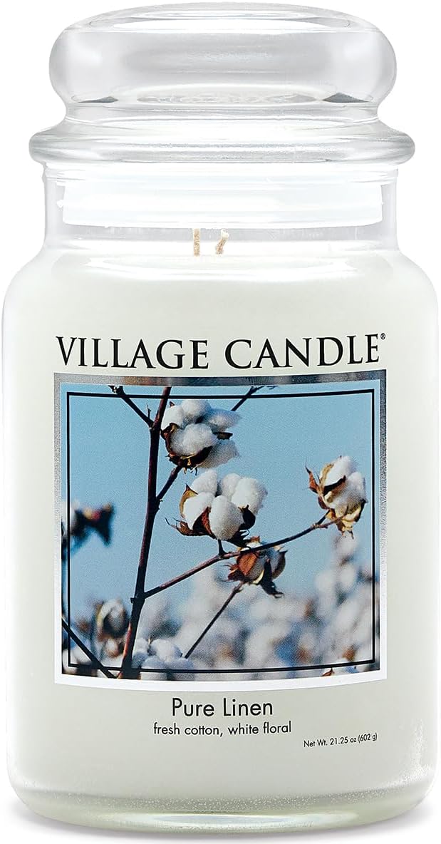 Village Candle Pure Linen Large Glass Apothecary Jar, Scented Candle, 21.25 oz., White