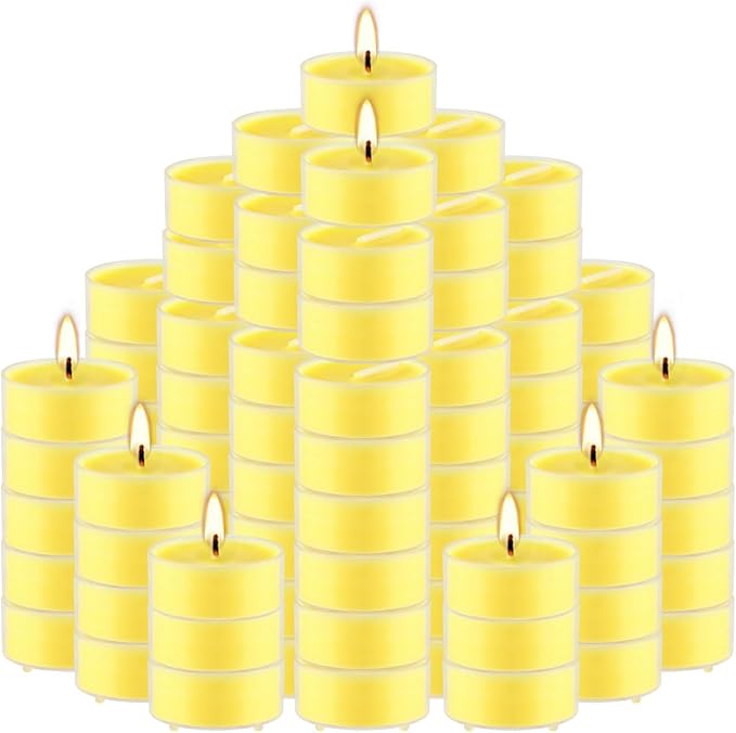 3.5-Hour 100Pack Yellow Tealight Candles, Outdoor and Indoor Summer Scented Candle,Natural Soy Wax Candle for Home Patio Garden Yard Balcony,BBQ Birthday Emergency