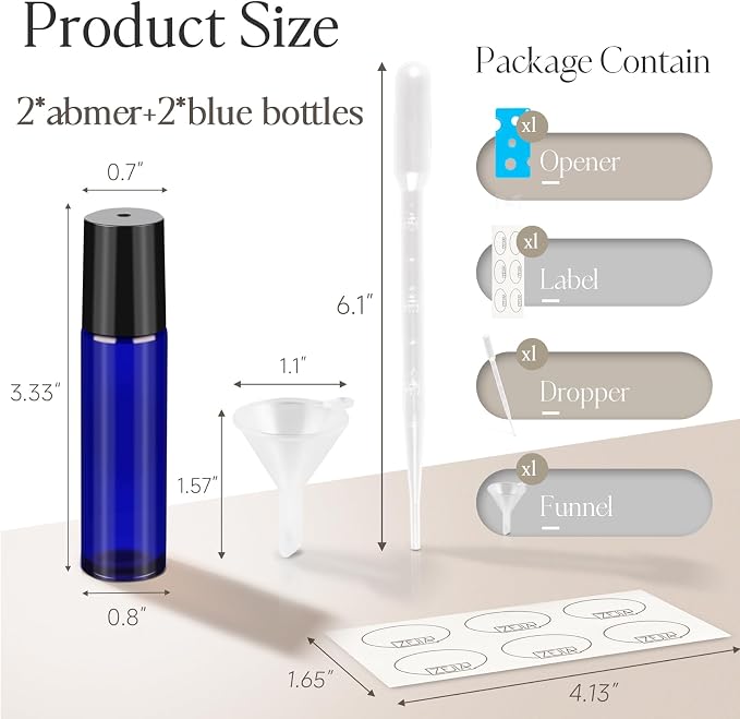 10ml Roller Bottles for Essential Oils, 4 Pack Glass Roll on Bottles, Refillable Perfume Bottle, with Stainless Steel Roller Balls, 2 Droppers, 1 Opener, Labels (Amber+Blue)