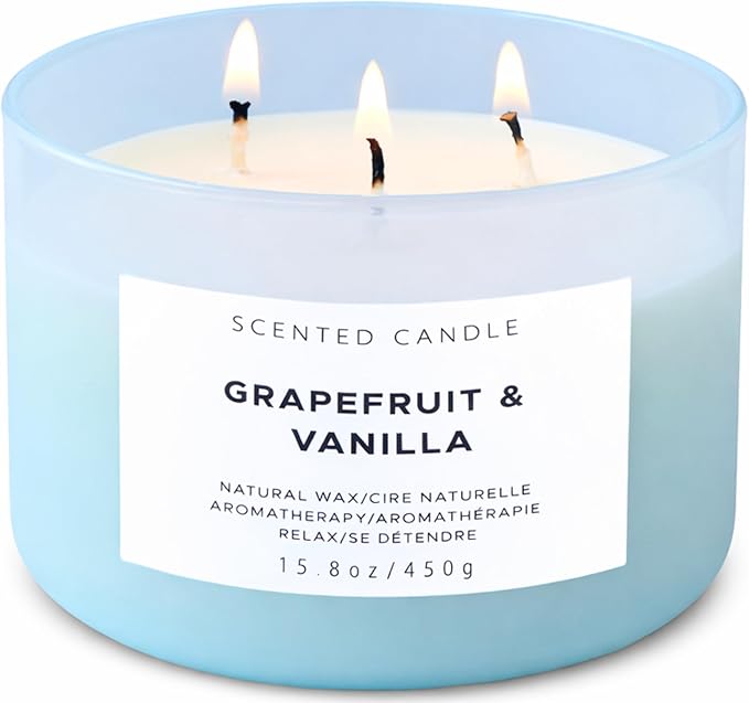 Grapefruit Vanilla 3-Wick Soy Candle | 15.8 oz Large Scented Candle for Home | Highly Scented Aromatherapy Candle for Women | Luxury Citrus Vanilla Candle Gift | Clean Burn Long Lasting
