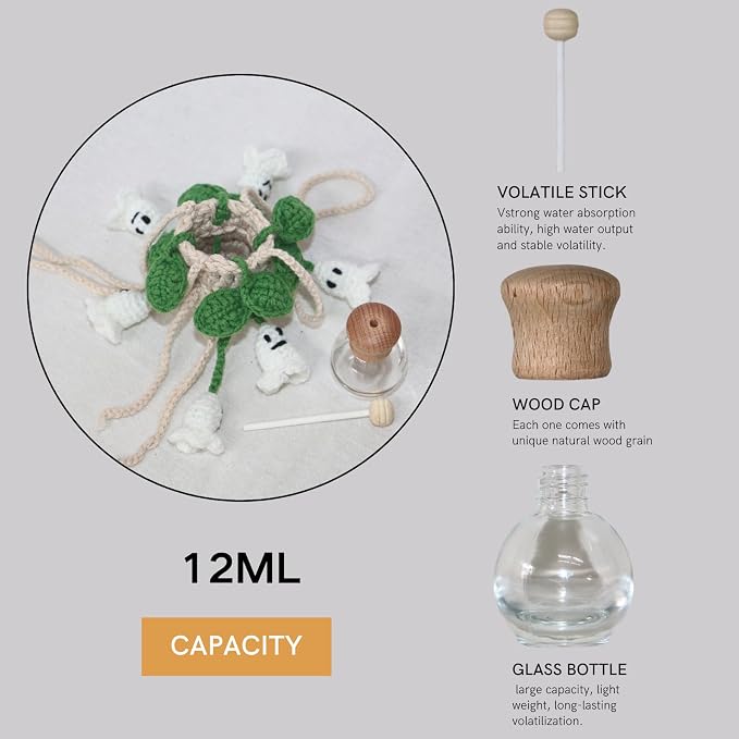 ROFIGL Handmade Crochet Hanging Car Air Freshener - Glow-in-the-Dark Lily of the Valley Plant with 12ml Refillable Essential Oil Diffuser Bottle, Halloween Car Accessories & Bedroom Nightlight Decor