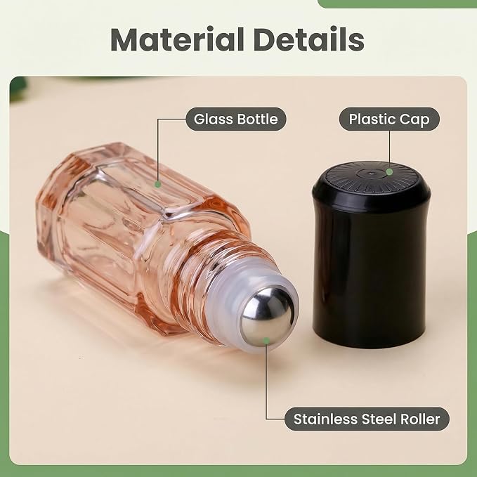 6Pcs 3ML Empty Clear Colorful Octagonal Glass Essential Oil Roller Bottles with Steel Roller Balls and Black Caps Refillable Perfume Roll-on Bottle Sample Dispensers Storage Container Vials Jars