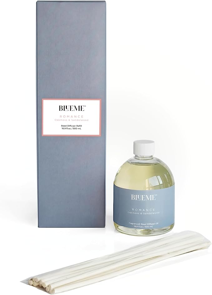 Blueme Romance Wellness Diffuser Oil Refill | Oakmoss & Sandalwood | 16.91 Fl Oz - Refillable Diffuser, Essential Oils, Ceramic, Rattan Reeds | Large
