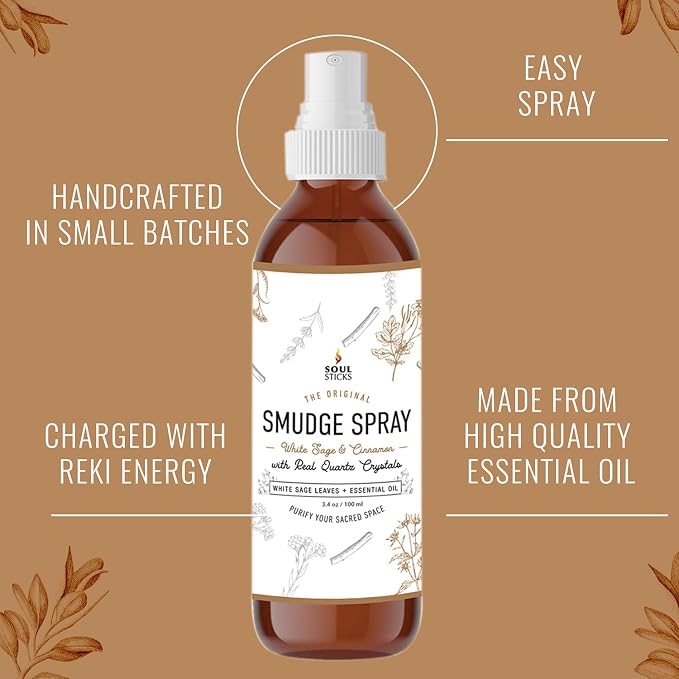 SOUL STICKS White Sage & Cinnamon Smudge Spray – 3.5oz Smokeless Energy Mist with Quartz Crystals – Non-Toxic Cleansing Spray for Aura, Home, Car, Meditation, Yoga, Stress Relief & Protection