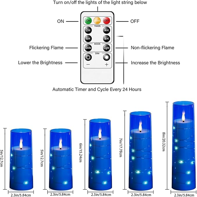 kakoya Flameless LED Candles with Timer 5 Pc Flickering Flameless Candles for Romantic Ambiance and Home Decoration Stable Acrylic Shell,with Embedded Star String，Battery Operated Candles（Blue）