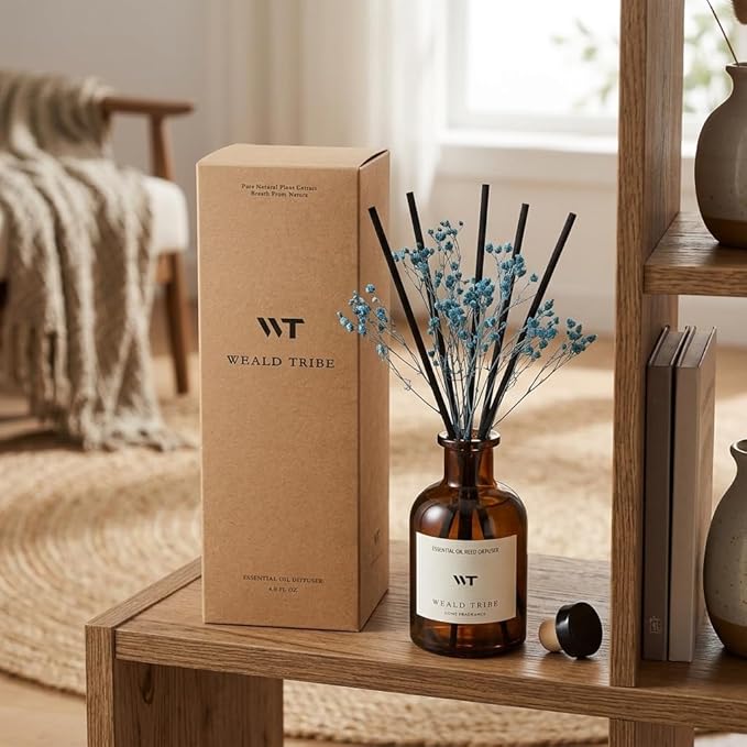 WEALD TRIBE Flower Reed Diffuser Set Cashmere Vanilla Scent for Bathroom Air Fresheners | 4.0 fl oz Essential Oils with Sticks Home Fragrance Defusers | House Bedroom Office Shelf Decor & Gift