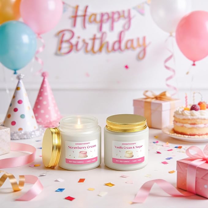 Birthday Candle, Scented Candles Gifts for Women, Soy Candle Gift Set, Pink Birthday Candles, 2 Pack Sweet Aromatherapy Candles for Celebration & Relaxing