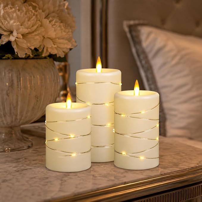 Upinmz Flickering Flameless Candles with String Lights, Battery Operated Candle, LED Candles Unbreakable Acrylic Candles with Remote Control and Timer -3 Pack Ivory White