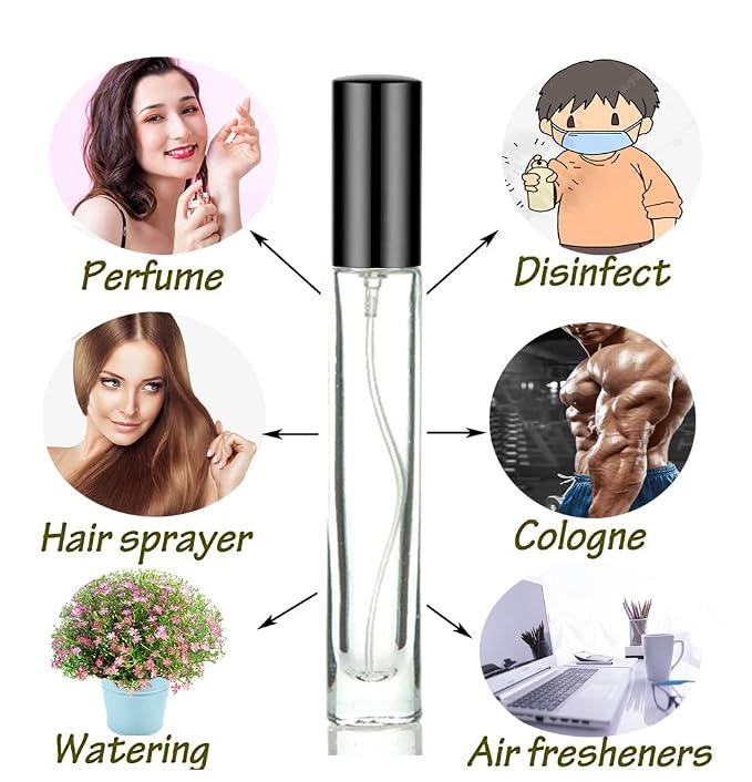 5pcs 10ml 1/3oz Black Silver Metal Spray Bottle Refill Perfume Hydrating Fragrance Fine Mist Atomizer Cosmetic Container Round Tube Party Makeup Tool Travel Gift Sample