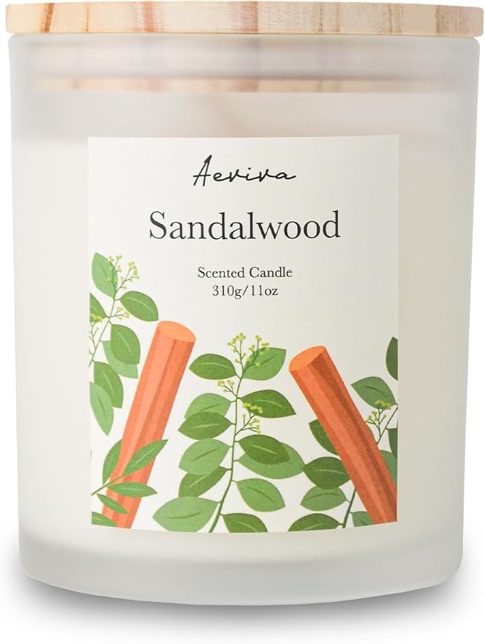 Sandalwood Scented Candle, 11oz 60 Hour Burn, Natural Soy Wax with Thick Cotton Wick, Highly Scented Aromatherapy Candle for Stress Relief & Meditation, Gifts for Women & Men