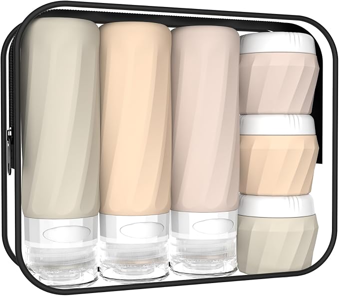 6Pcs Travel Bottles for Toiletries, TSA Approved Travel Size Toiletries Containers Set, BPA-FREE Silicone Leak Proof Refillable Bottles and Jars, Women & Men Airplane Cruise Essentials Kit(CREAM)