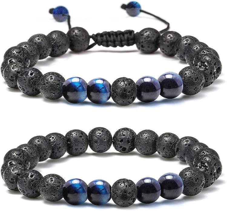 M MOOHAM Mens Bracelet - Beaded Natural Stone 8mm Tiger Eye Matte Agate Lava Rock Bracelets for Men Teen Boys Grandpa Dad Birthday Gifts Jewelry