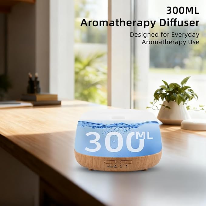 300ML Essential Oil Aromatherapy Diffuser with Remote Control - Quiet Ultrasonic Cool Mist, 7 Color LED Light, 4 Timer Modes, Auto Shut-Off for Bedroom, Office, Yoga & Spa