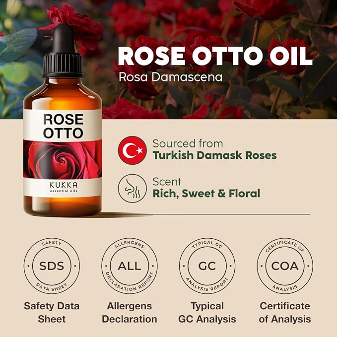 100% Pure Rose Otto Oil - 4 Fl Oz Rose Otto Essential Oil for Hair, Skin, Diffuser, Aromatherapy & DIY Soap Making Scent
