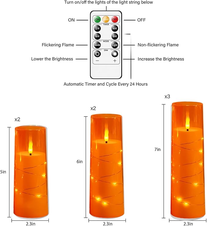 Eebuss Flameless Candles with Embedded Star String, Battery Operated LED Pillar Candles with Timer and Remote Control,Home Decorating for Ambiance, Set of 7 (Orange)