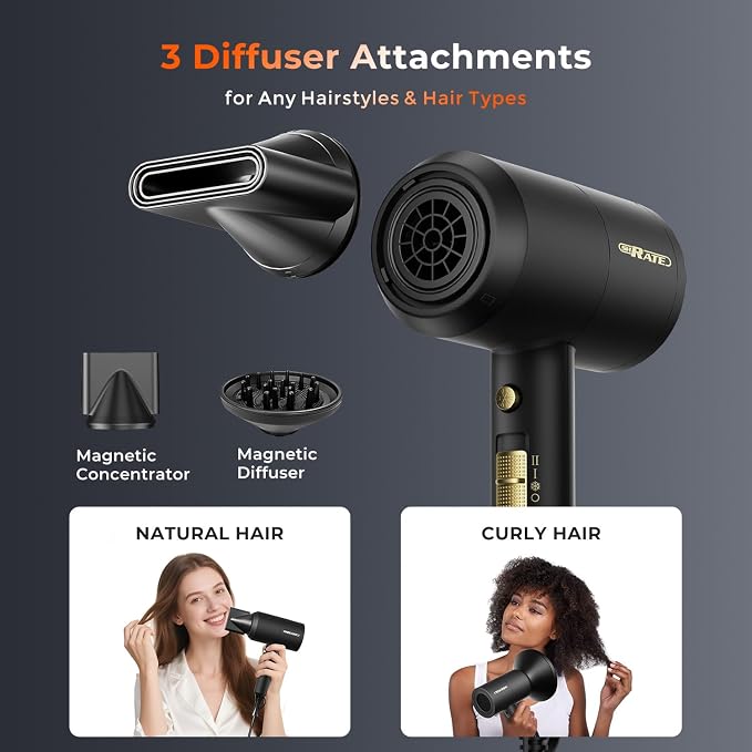 SHRATE Ionic Hair Dryer with Diffuser | Professional Blow Dryer for Curly, Frizzy & All Hair Types | Low Noise & Gentle for Sensitive Hair | Compact & Portable Design for Home, Travel, Women & Men