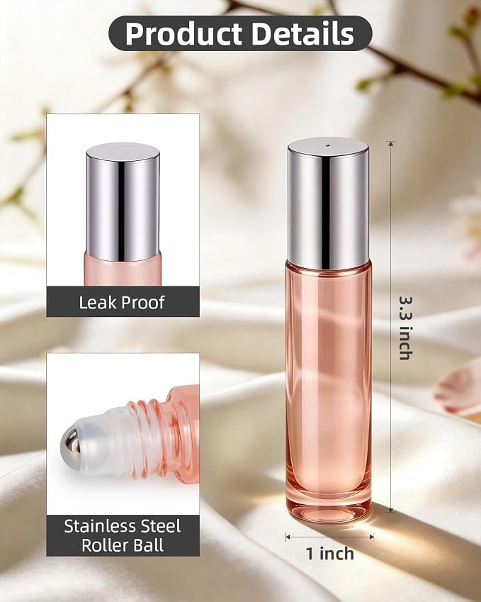 sungwoo 4 Pack Roller Bottles, 10 ml Essential Oil Glass Roller Bottles with Stainless Steel Roller Balls Rose Gold