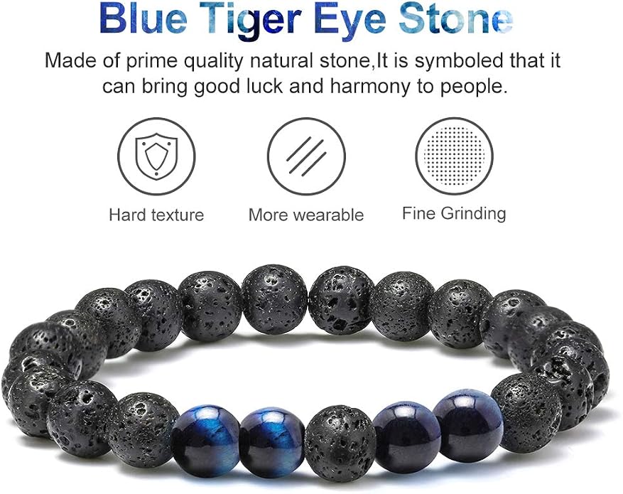 M MOOHAM Mens Bracelet - Beaded Natural Stone 8mm Tiger Eye Matte Agate Lava Rock Bracelets for Men Teen Boys Grandpa Dad Birthday Gifts Jewelry