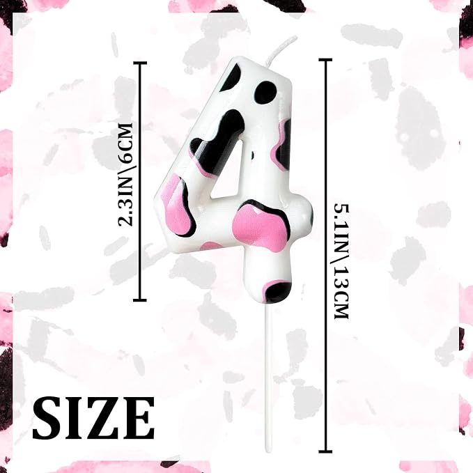 Number 4 Birthday Candle for Cake – Cow Print Design in White Black Pink – Farm Theme & Cowgirl Party Cake Topper Decoration