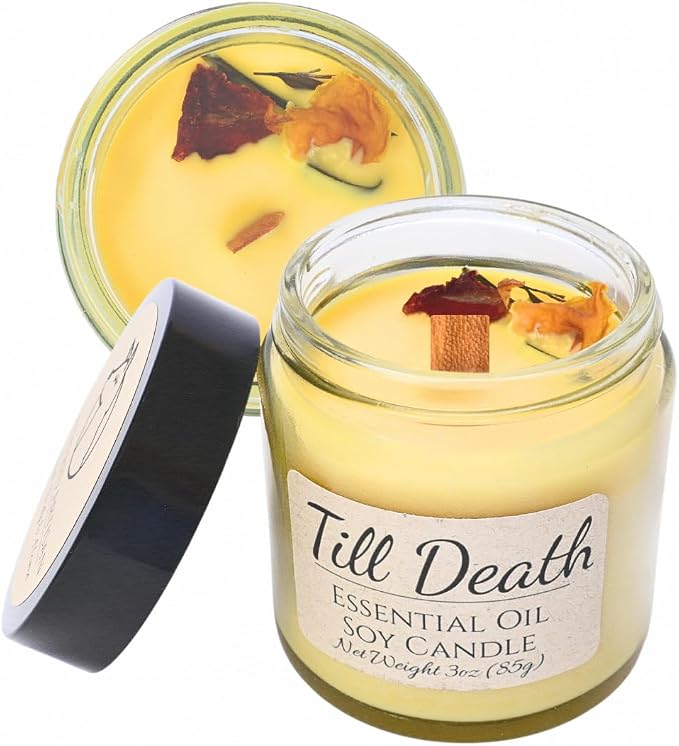 Lathered Artisan Till Death Spiced Essential Oil Candle 3 oz, Hand Crafted Pure Soy Wax Candle with Wooden Wick and Dried Flowers, 23 Hour Burn Time, Natural Aromatherapy Glass Jar Candle with Lid