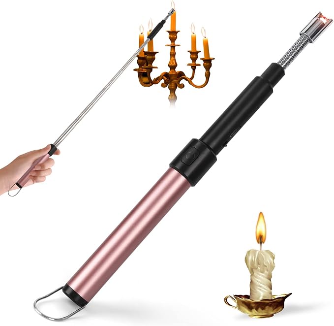 Candle Arc Lighters Long Flexible Neck 70cm Telescopic Rechargeable Electric Flameless Lighter for Kitchen Fireplace Pilot Light BBQ Stove (Pink)