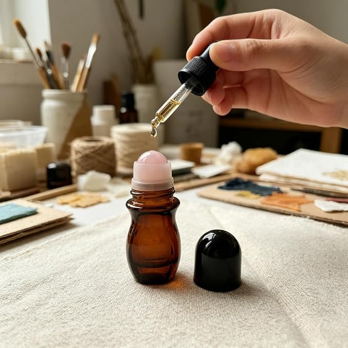 2 Pcs 50ml Glass Roll On Bottles with Jade Roller Balls Leak-Resistant Design for Essential Oils, Perfume & DIY Deodorant Refillable, Includes Funnel & Opener (Oval) (50ML Pink amber bottle)