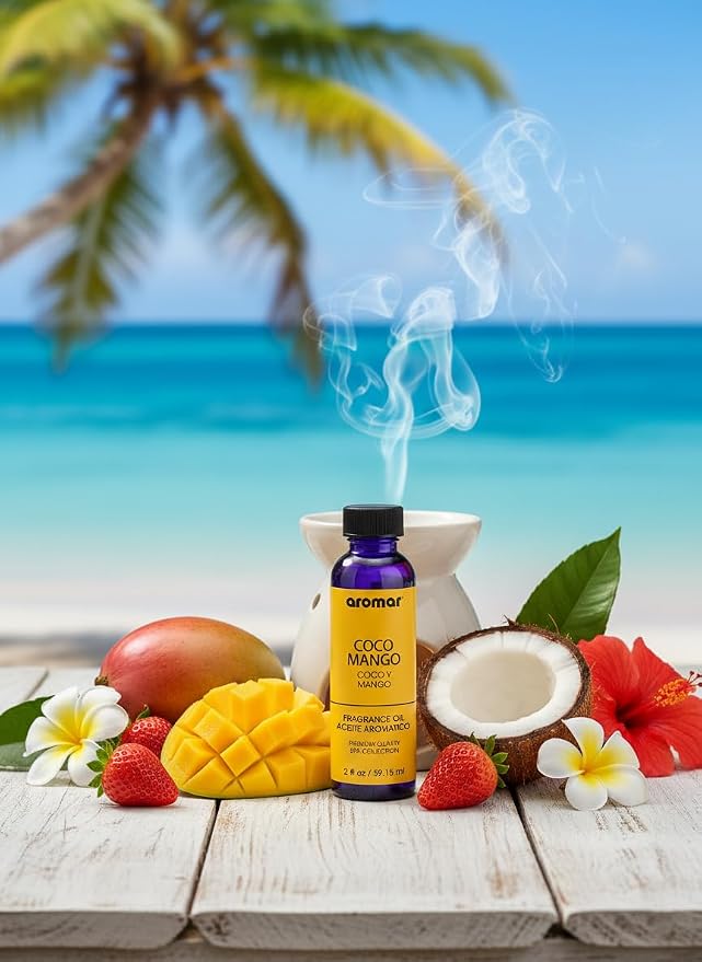 AROMAR Premium Fragrance Oil, Pack of 3 Coco Mango 2oz. Bottles. Long Lasting Aromatic Scent, Fresh and Revitalizing Aromatherapy for Living Room, Bedroom, and Kitchen
