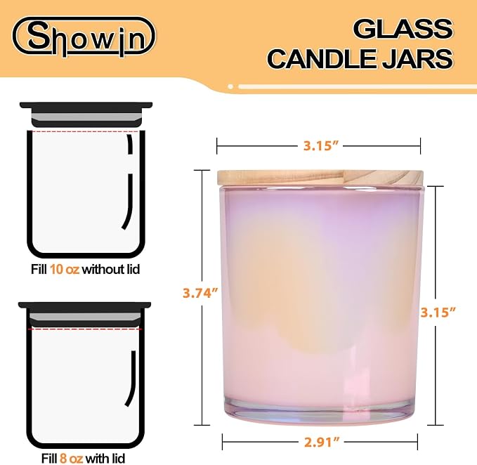 SHOWIN 10 OZ Thick Candle Jars for Making Candles 15 Pcs, Empty Jars with Wood Lids for Candle Making, Sample Container, Glitter Pink