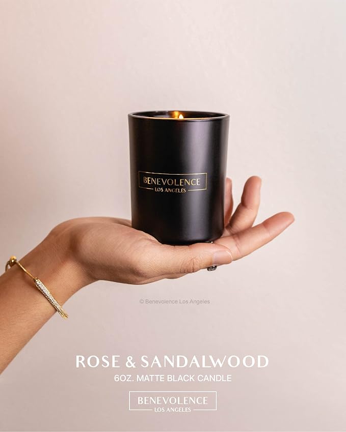 Benevolence LA Rose & Sandalwood Scented Candle – Long-Lasting, Clean-Burning – Luxury Natural Soy Candle for Home – Aromatherapy & Room Decor – 6oz