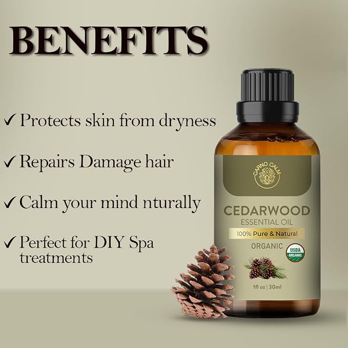 Cedarwood Essential Oil | USDA Certified Organic Cedarwood Oil | for Hair and Skin | Woody and Earthy Aroma for Diffuser | DIY Uses | 30ml