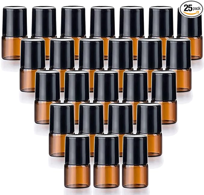 25 Pack 1ml (1/4 Dram) Colorful Glass Roll On Glass Bottles for Essential Oils,Empty Glass Vial with Stainless Steel Roller Balls Perfume Aromatherapy Travel Roll On Container-5 Color Options (Amber)