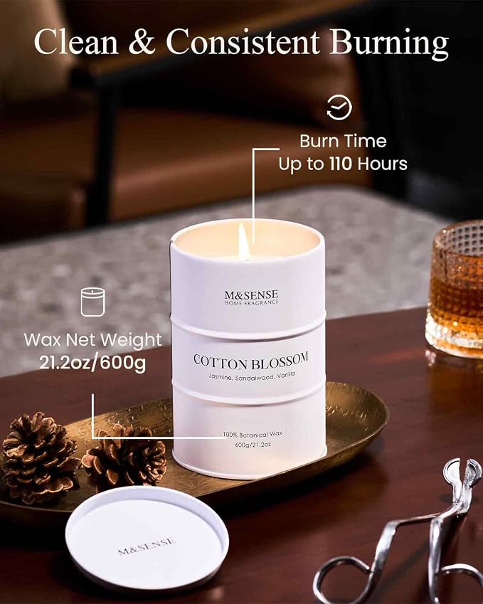 M&SENSE Cotton Blossom Scented Candles, Large, Natural Soy, 21.2oz | 120 Hour Slow Burning, Aromatherapy, Stress Relief, Meditation, Relaxing