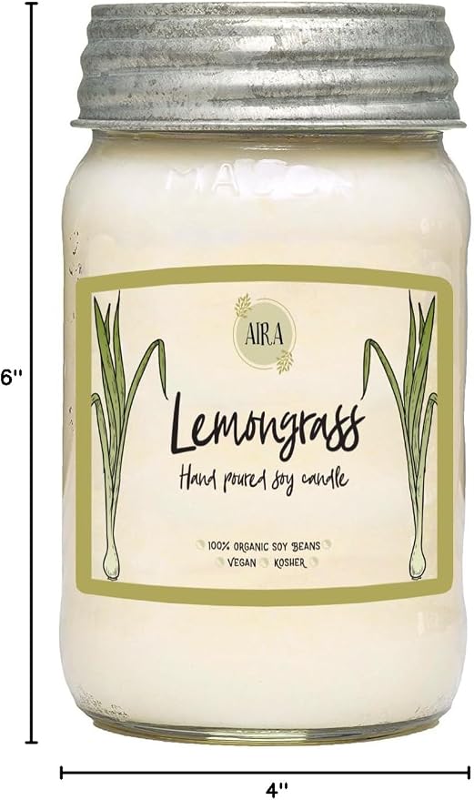 Aira Soy Candles - Organic, Kosher, Vegan, in Mason Jar w/Therapeutic Grade Essential Oil Blends - Hand-Poured 100% Soy Candle Wax - Paraffin Free, Burns 110+ Hours - Lemongrass - 16 Ounces
